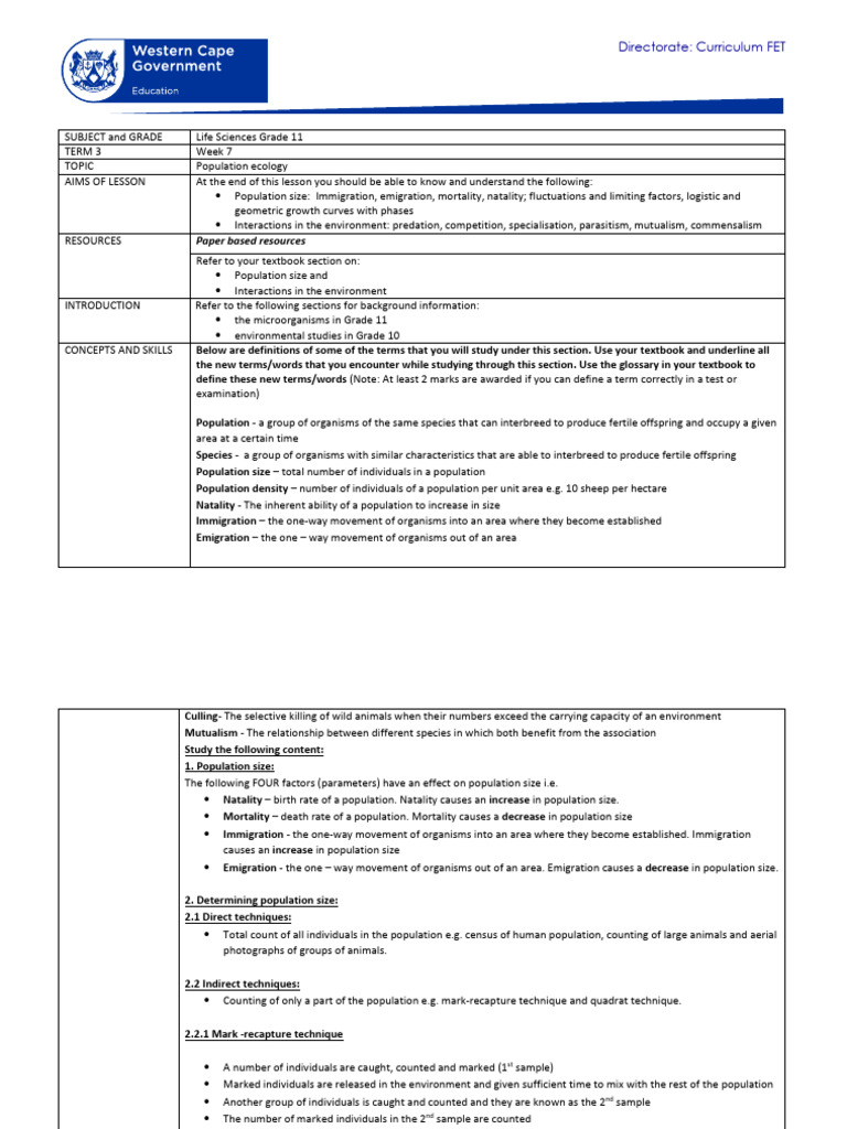 Life Sciences Gade 11 Term 3 Week 7 - 2020 | PDF | Predation | Parasitism