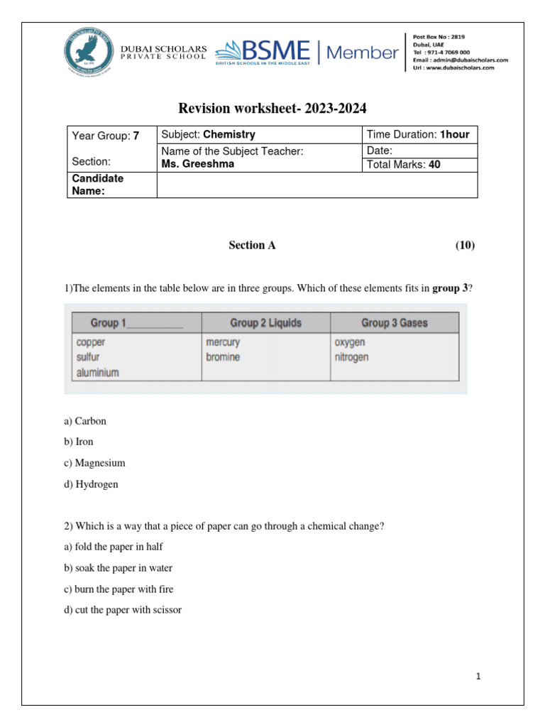 Revision Paper - Year 7 | PDF | Chemical Substances | Chemical Elements