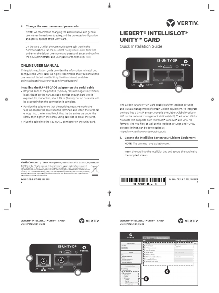 13 FT Tarjeta de Comunicaciones Liebert INTELLISLOT Unity | PDF | Ip ...
