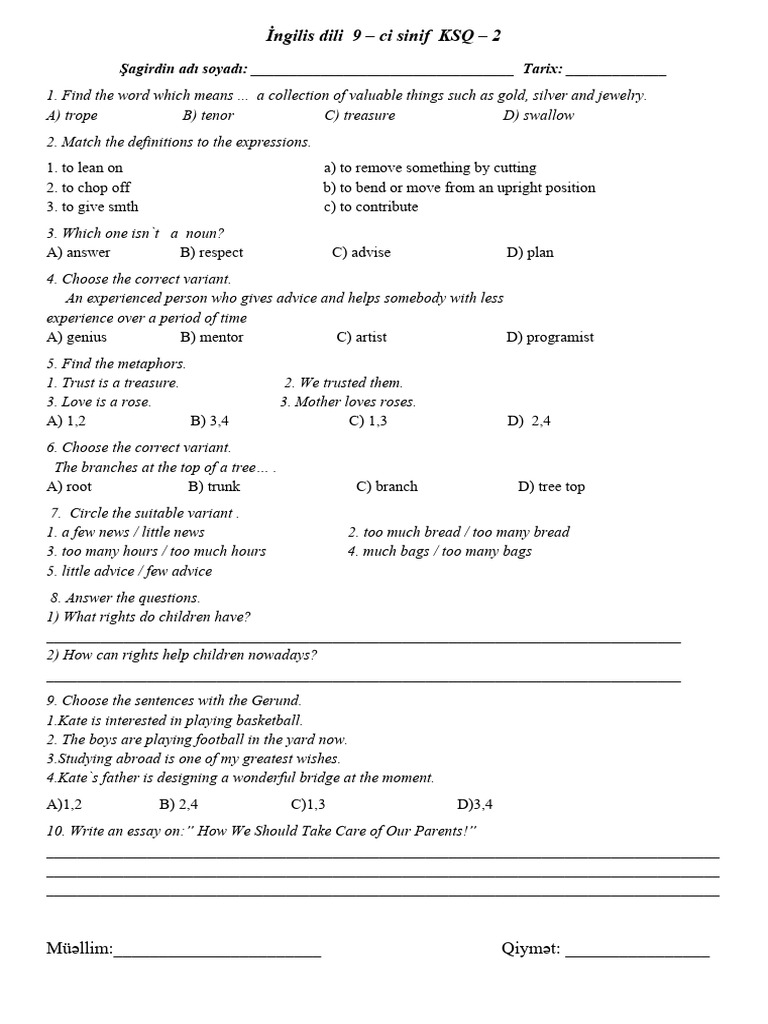 9th Grade English Language Test | PDF | Syntax | Grammar
