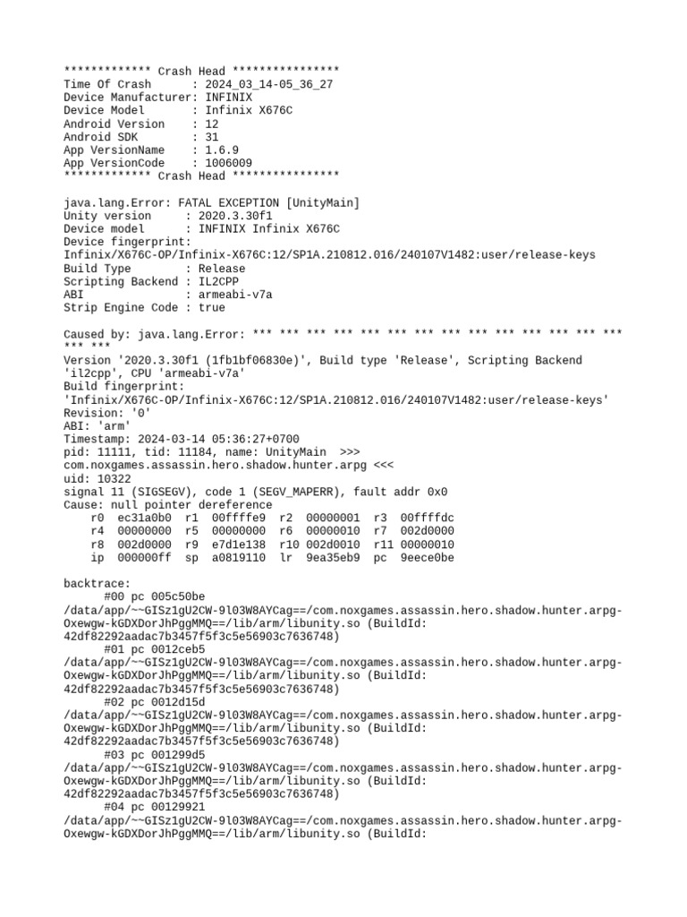 Infinix X676C Unity Crash Report | PDF | Android (Operating System ...