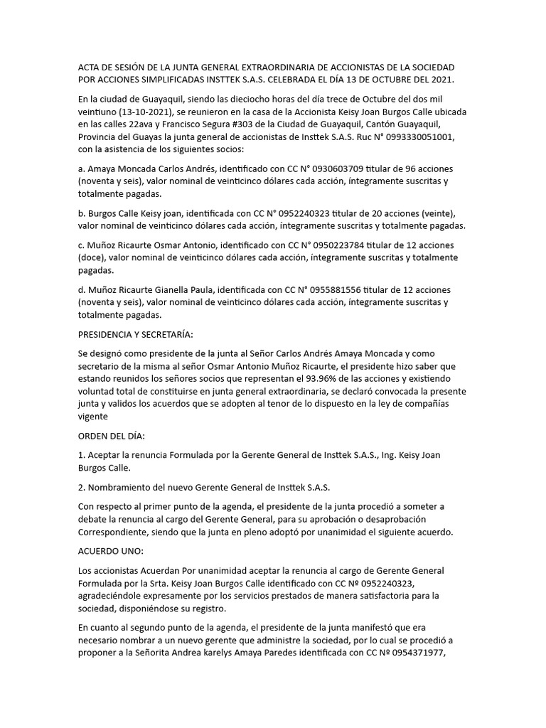 Acta de Sesión de La Junta General Extraordinaria de Accionistas de La ...