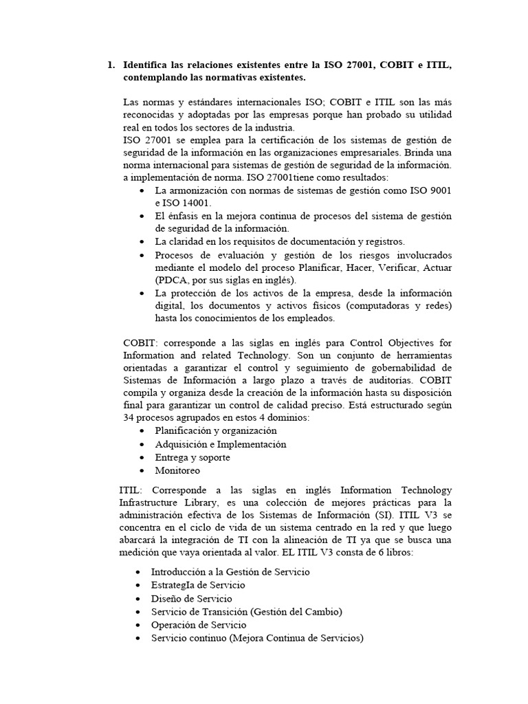 Relación entre ISO 27001, COBIT e ITIL | PDF | Itil | Cobit