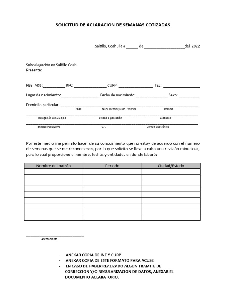 Formato Solicitud de Aclaracion de Semanas Cotizadas | PDF