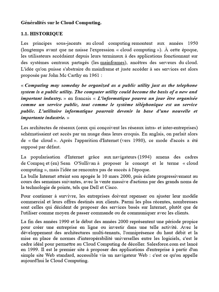 Historique et définition du Cloud Computing | PDF | Cloud computing ...