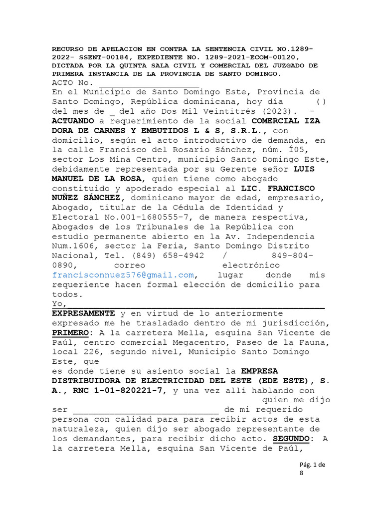 Recurso de Apelacion en Contra La Sentencia Civil de Luis Manuel de La