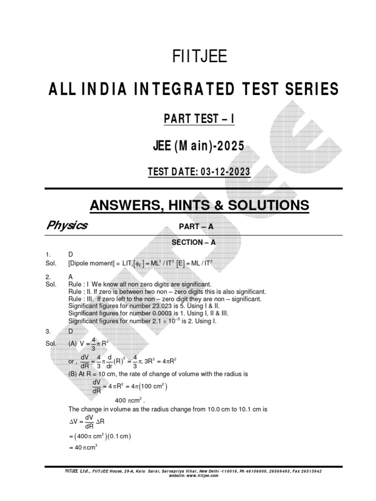 JEE Main 2025 All India Test Series Solutions | PDF | Arithmetic ...