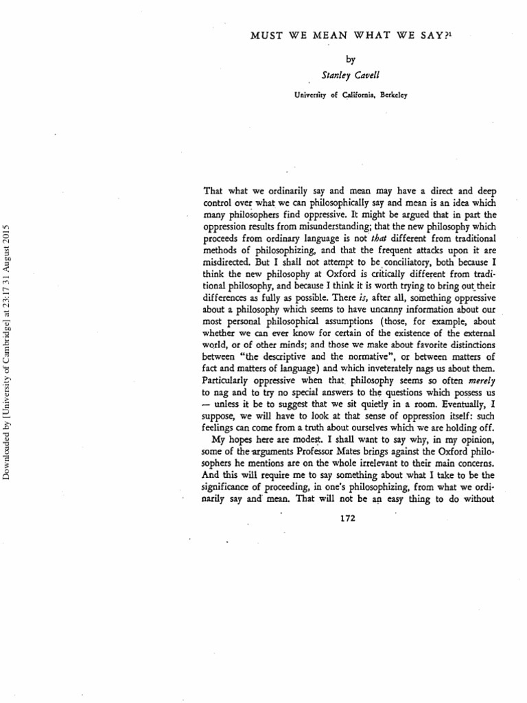 Cavell, S. Must We Mean What We Say PDF Logic Logical Consequence