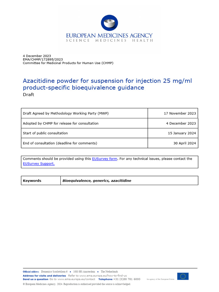 Azacitidine Bioequivalence Guidance Draft | PDF | Pharmacology ...