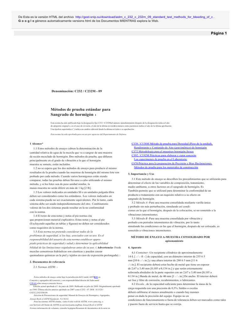 Métodos ASTM C232 para Sangrado de Hormigón | PDF | Hormigón | Agua