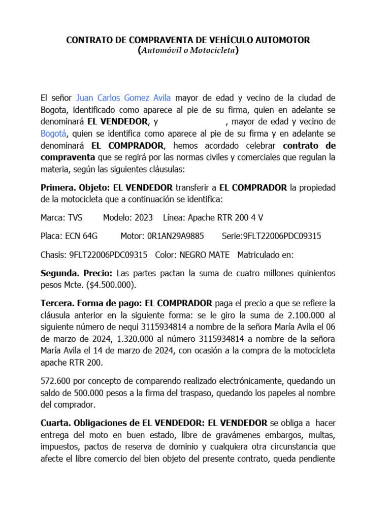 Contrato de Compra Venta de Moto Apache | PDF | Finanzas y ...