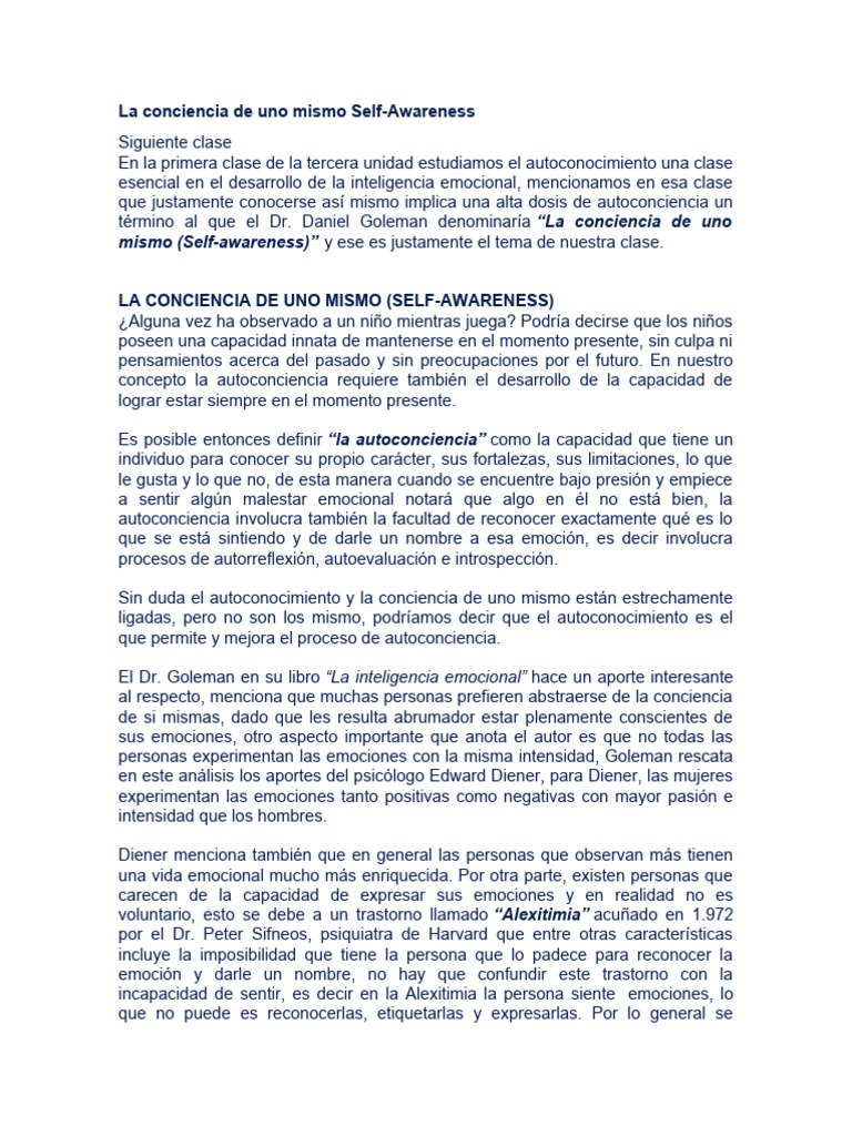 La Conciencia de Uno Mismo Self | PDF | Las emociones | Inteligencia ...