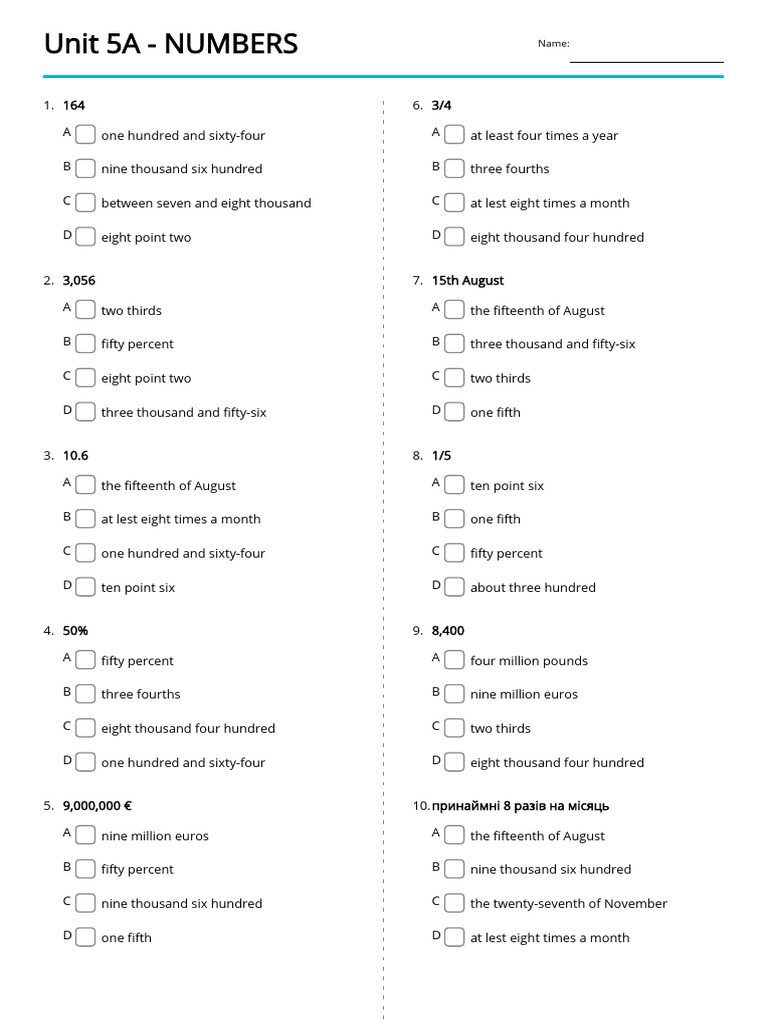 Unit 5a numbers quiz pdf