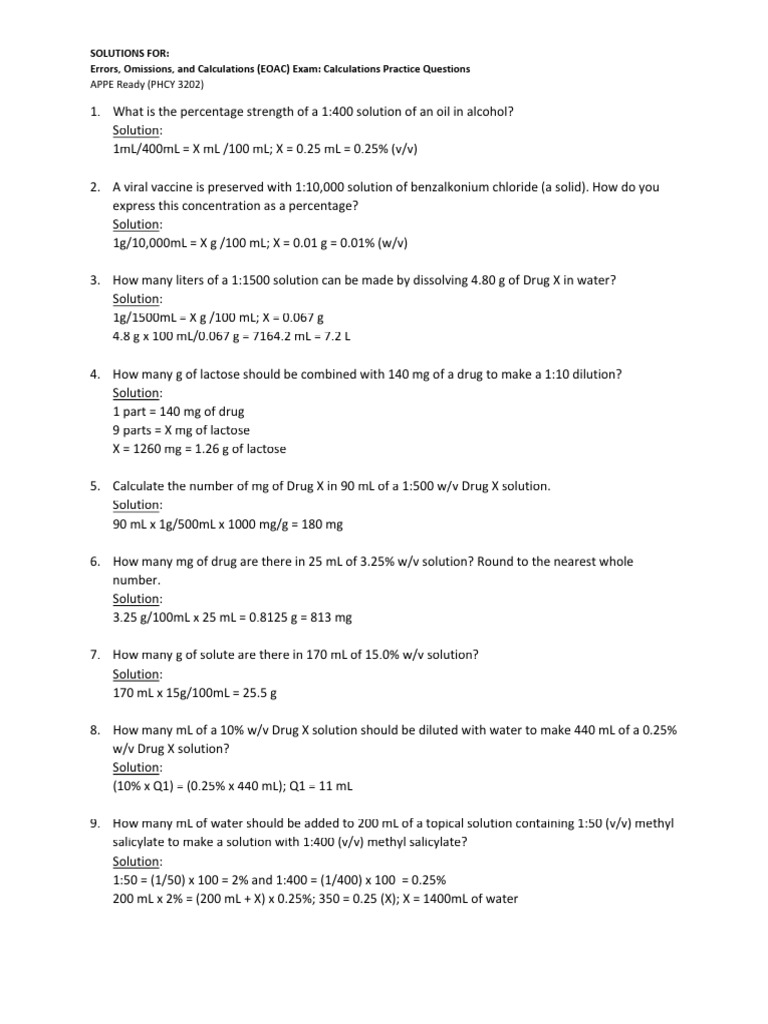 Calculations Exam Solution | PDF | Mass Concentration (Chemistry ...