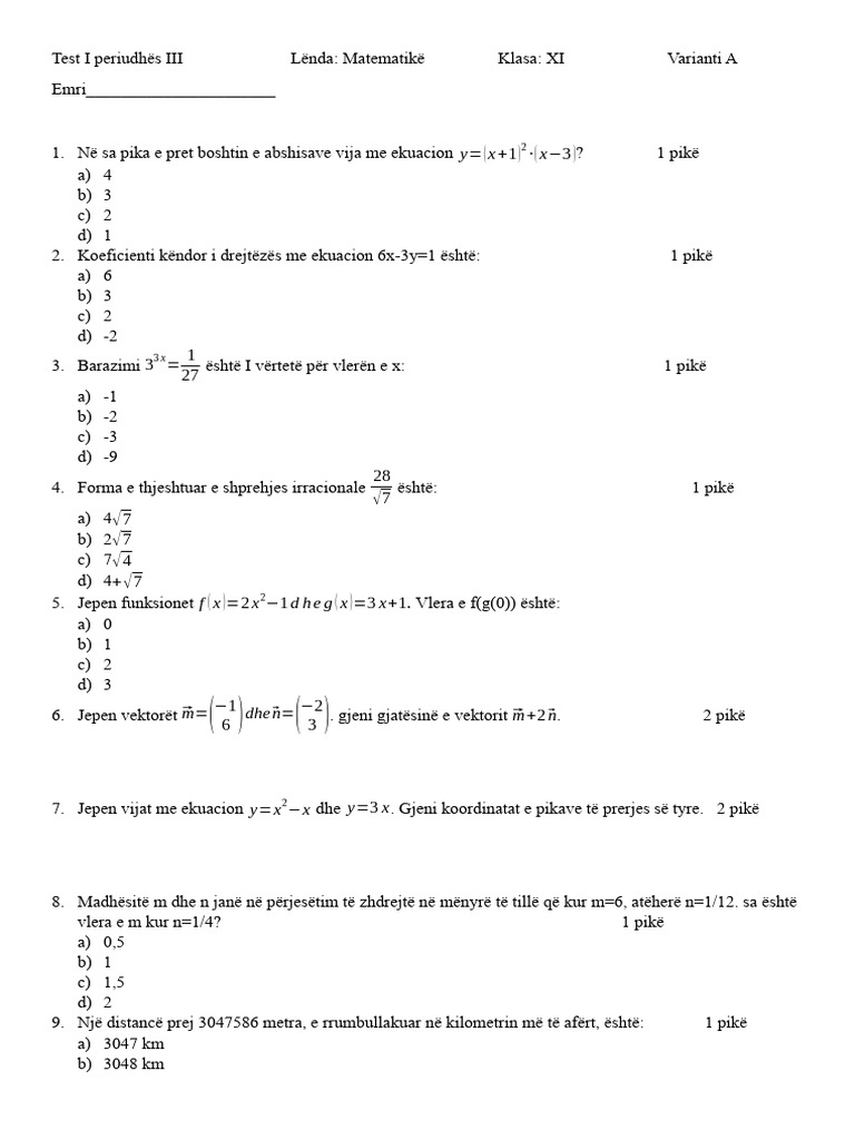 Test Me Ushtrime Mature Matematike | PDF
