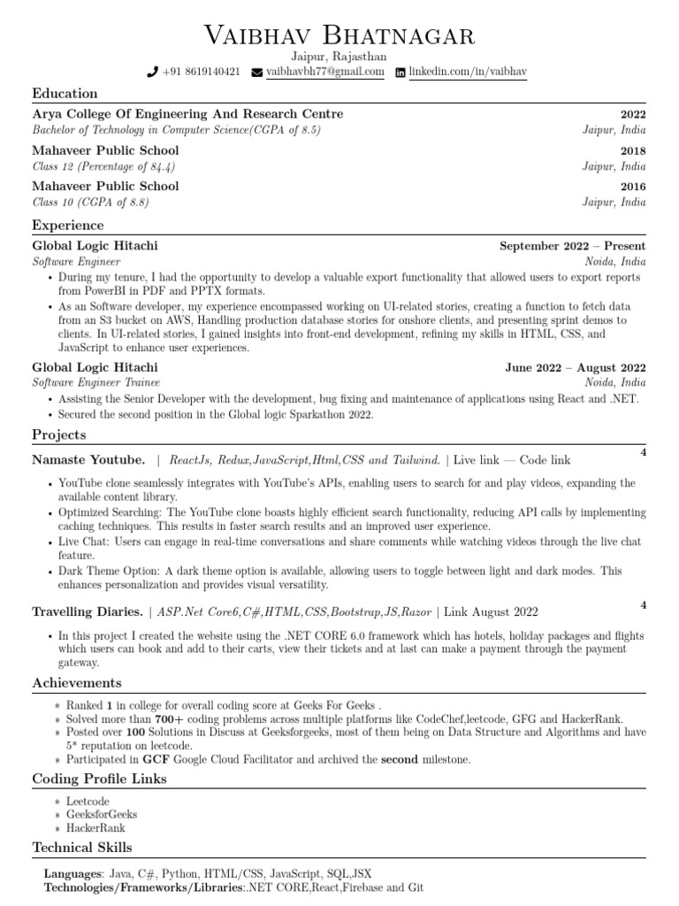 Vaibhav Bhatnagar: Software Engineer Profile | PDF | Software | Systems ...