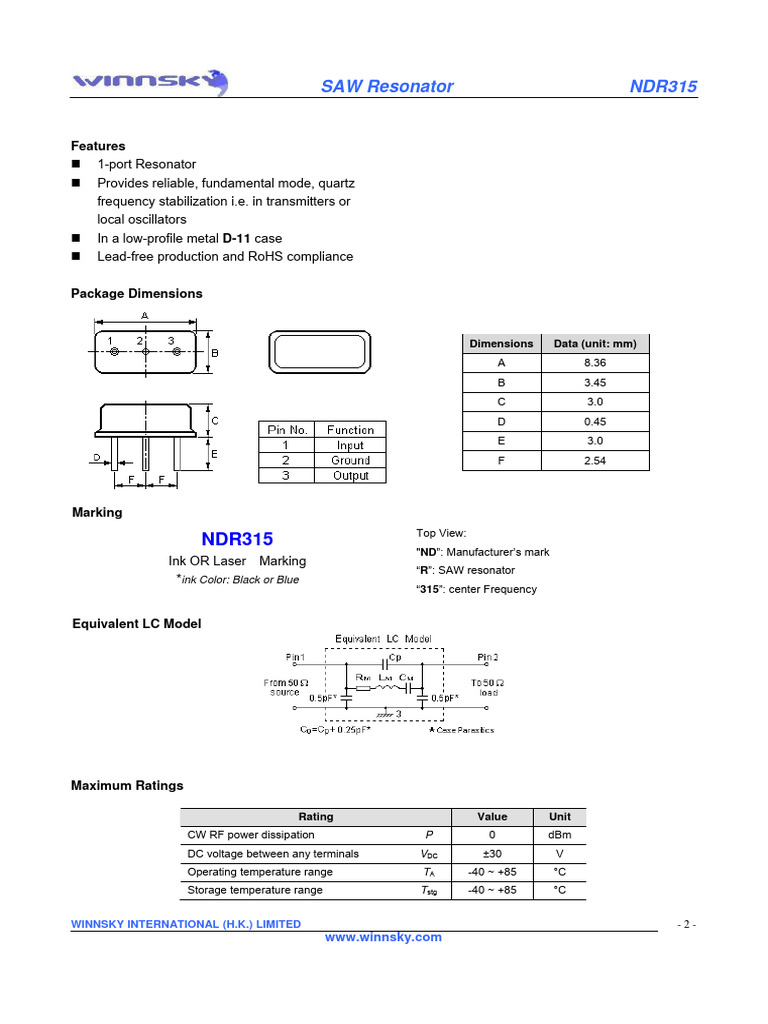 SAW Resonator NDR315 Specs & Features | PDF | Capacitance | Electronic ...