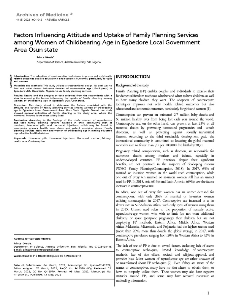 Factors Influencing Attitude And Uptake Of Family Planning Services