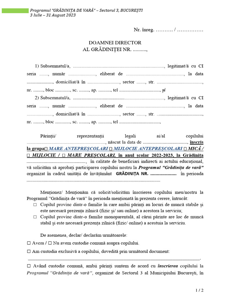 Cerere Pentru Programul Gradinita de Vara | PDF