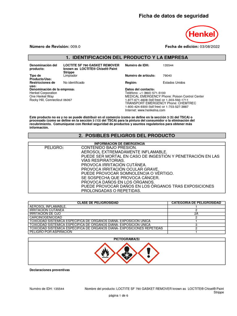 MSDS Loctite SF 790 Gasket Remover PDF Combustión Agua