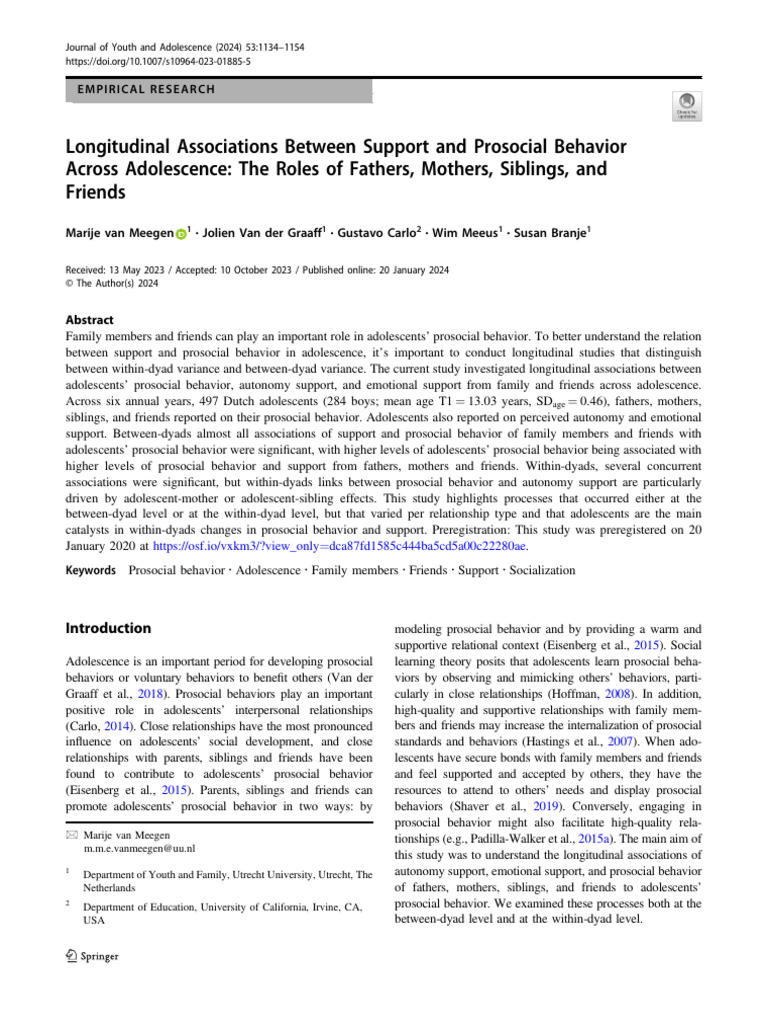 Longitudinal Associations Between Support and Prosocial Behavior Across ...