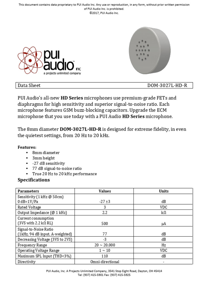 PUI Audio DOM-3027L-HD-R Microphone Data | PDF | Microphone | Decibel