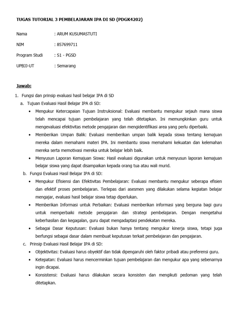 Evaluasi Pembelajaran IPA di SD | PDF | Karier & Perkembangan ...