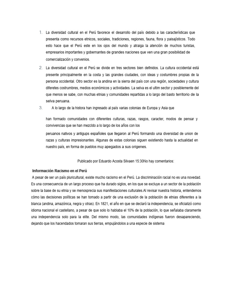 Diversidad Cultural y Racismo en Perú | PDF | Perú