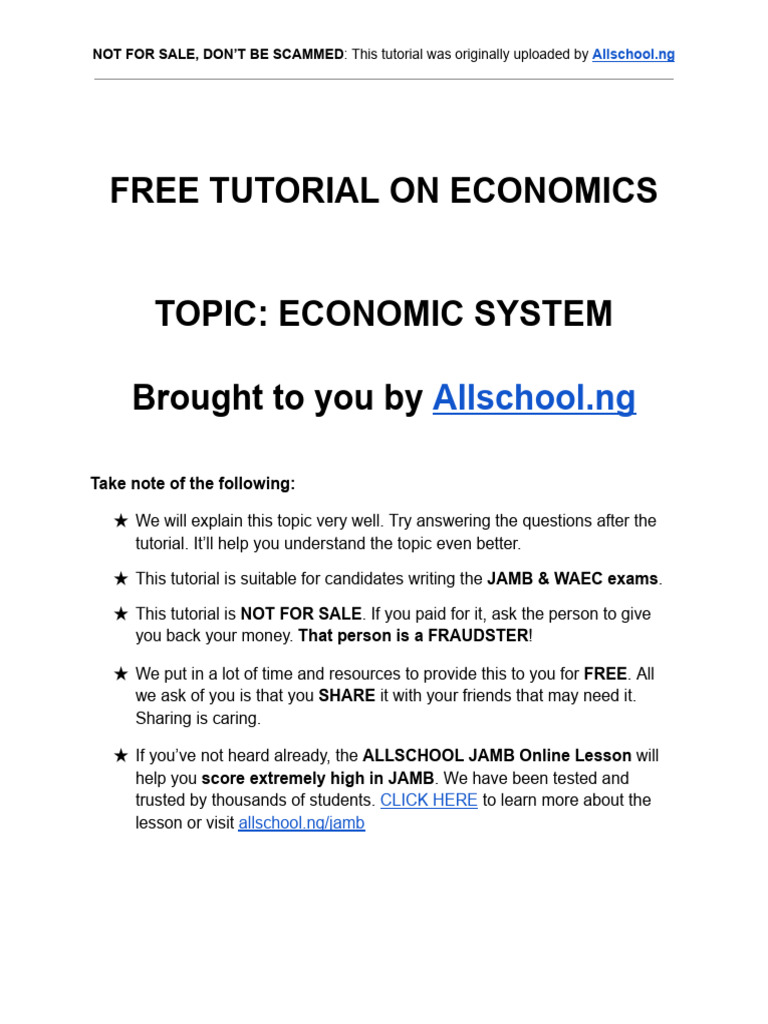 Free Economics Tutorial on Economic Systems | PDF | Economic System ...