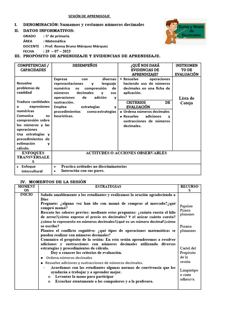 Suma y resta de decimales en 5° grado | PDF | Aprendizaje | Evaluación