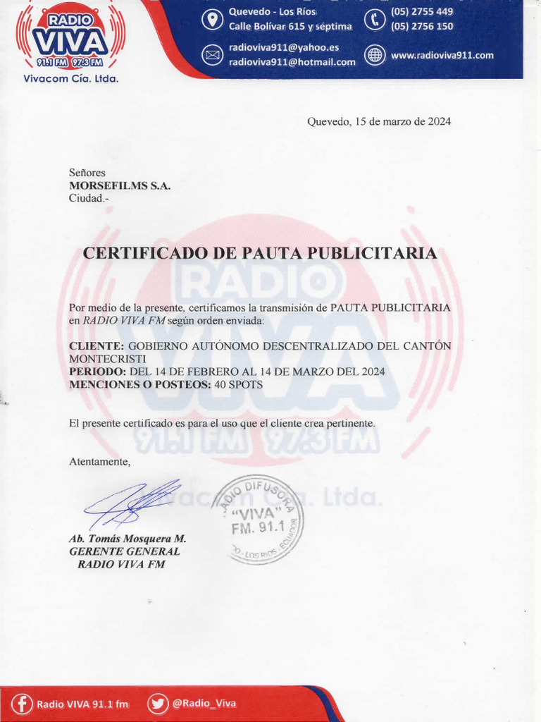 Viva fm certificado municipio de montecristi tercera orden 2024 pdf