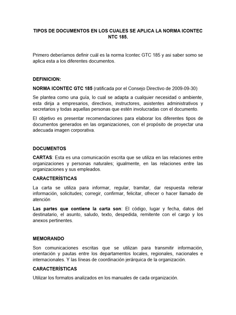 Tipos de Documentos en Los Cuales Se Aplica La Norma Icontec NTC 185 ...