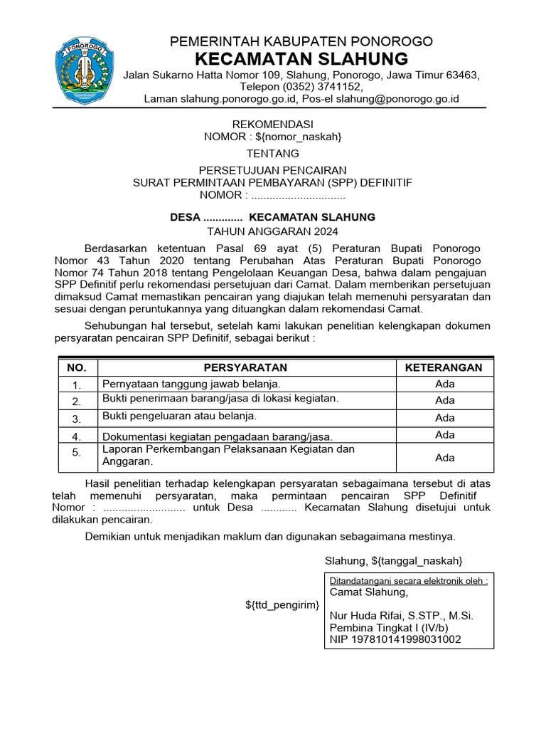Template Rekomendasi Pencairan Dana Desa - TTE Camat | PDF