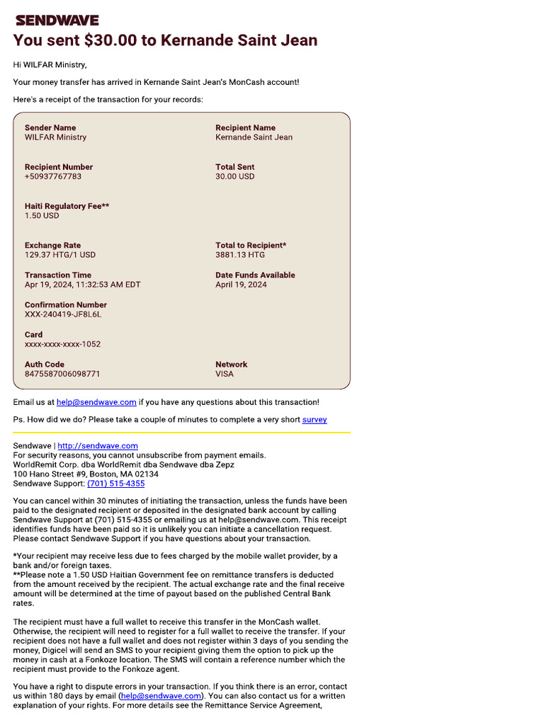 SendwaveReceipt 2024-04-19 | PDF