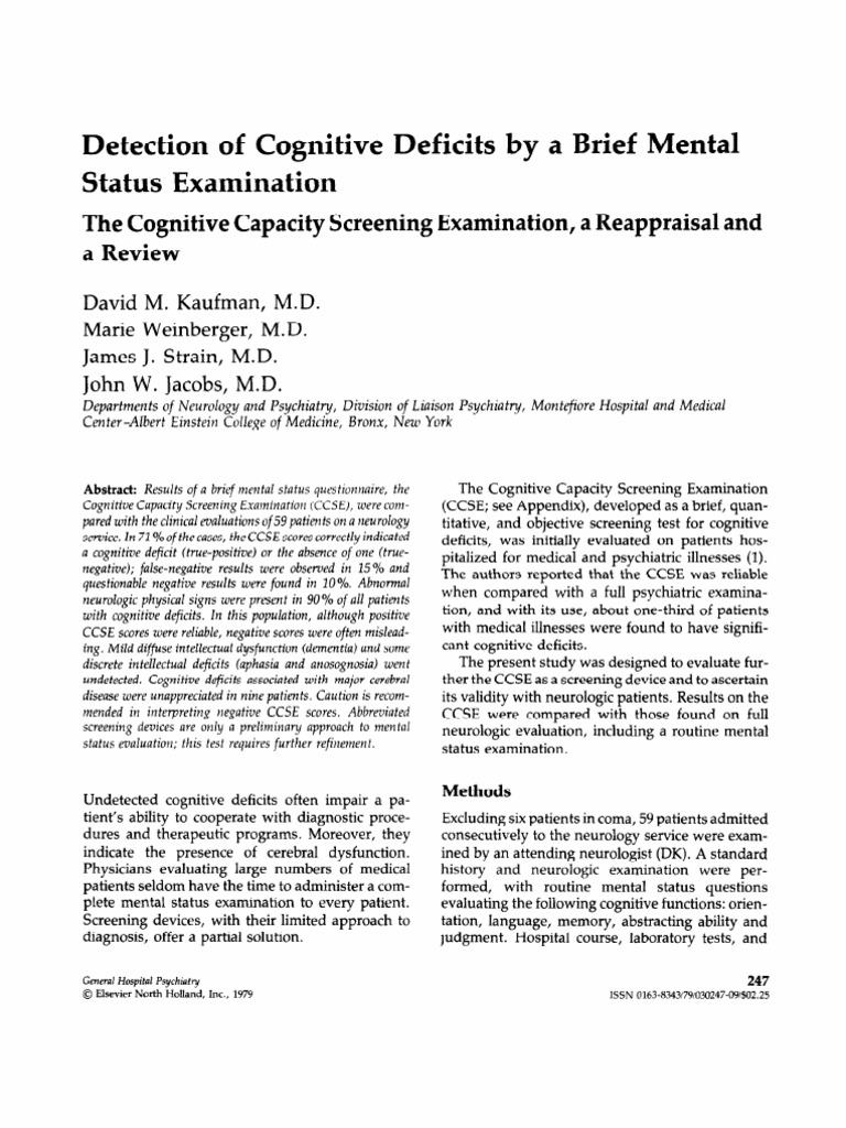 Detection of Cognitive Deficits by A Brief Mental Status Examination ...
