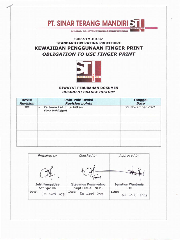 SOP-STM-HR-07 Kewajiban Penggunaan Finger Print | PDF