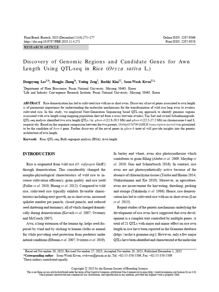 Discovery of Genomic Regions and Candidate Genes For Awn Length Using ...