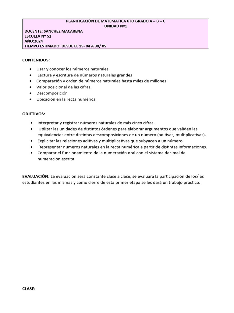 Planificación de Matematica 6to Grado A | PDF | Notación | Matemáticas