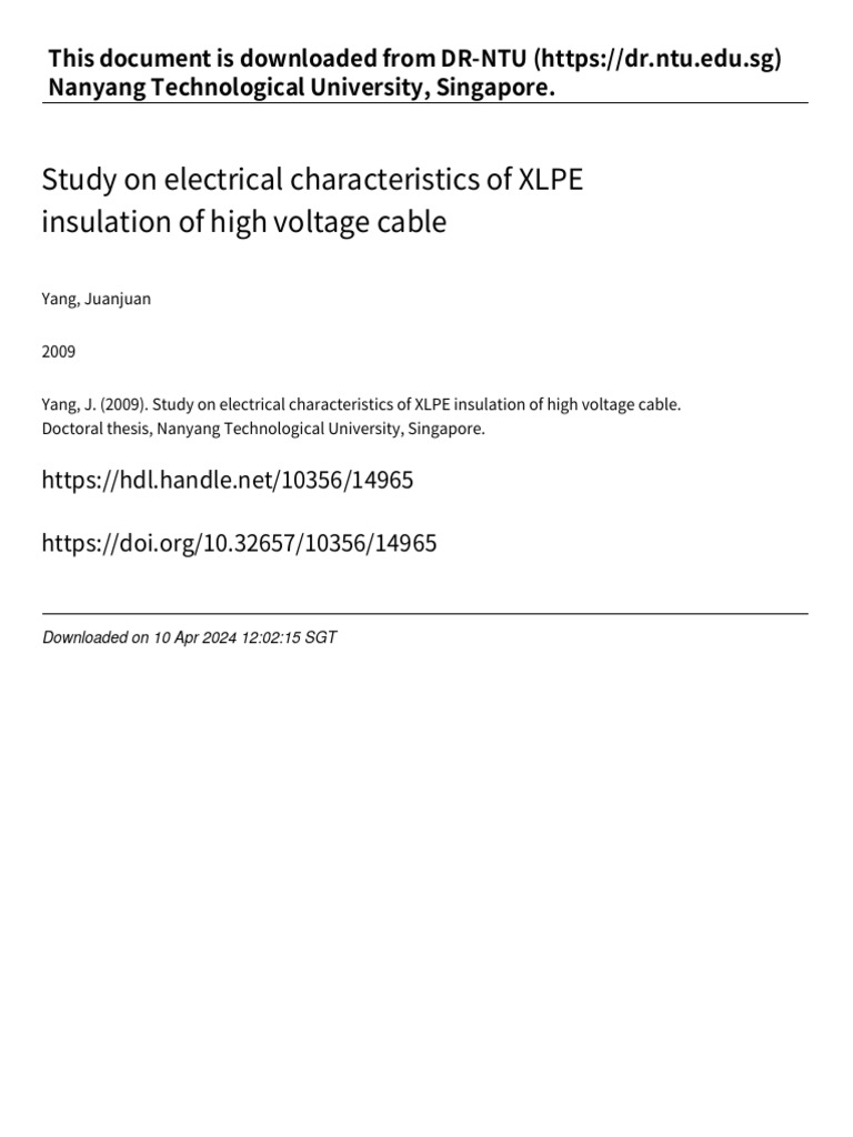 Study On Electrical Characteristics of XLPE Insulation of High Voltage  Cable | PDF | Permittivity | Electrical Impedance