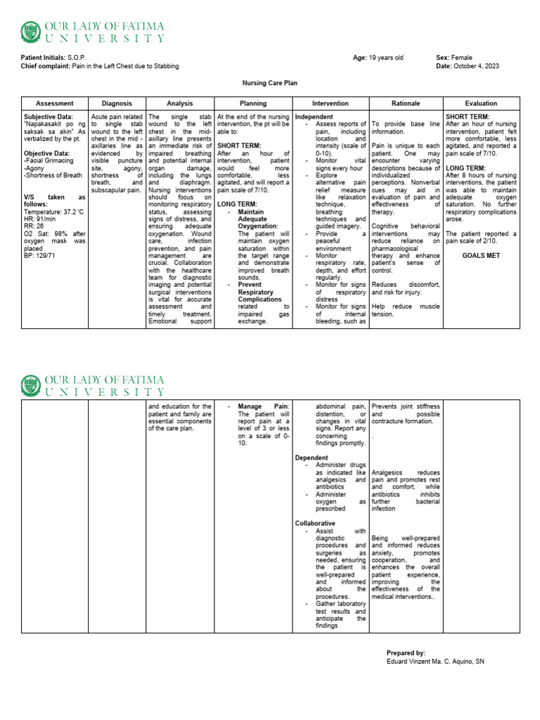 Nursing Care Plan for Chest Stab Wound | PDF | Wound | Pain