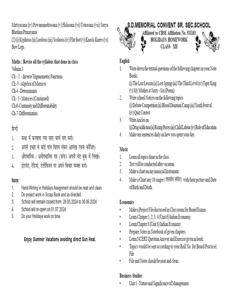 S.D.Memorial Convent Sr. Sec - School: English Maths: Revise All The Syllabus That Done in Class ...