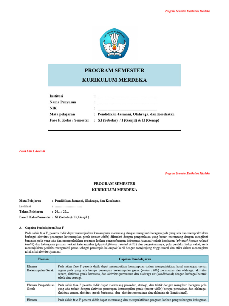 Program Semester PJOK Kurikulum Merdeka | PDF