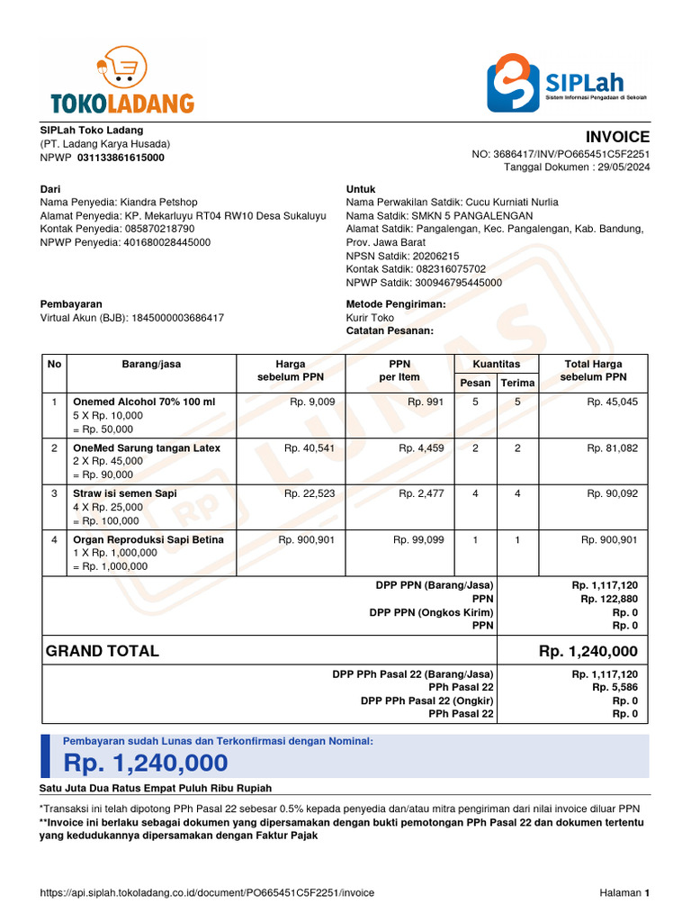 Contoh Invoice PPN dan PPh Perusahaan | PDF