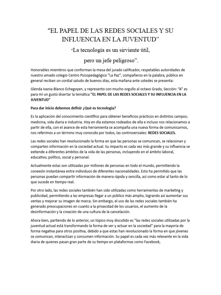 El Papel de Las Redes Sociales y Su Influencia en La Juventud | PDF ...