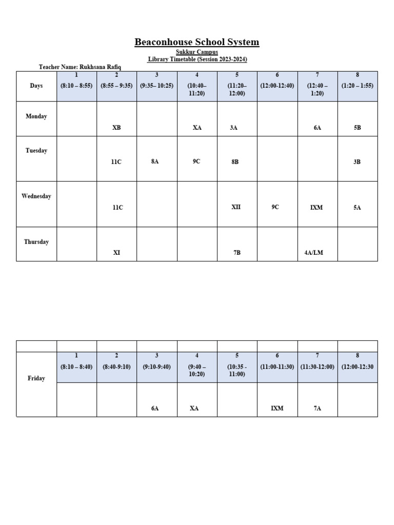 Beaconhouse Sukkur Library Timetable 2023 | PDF
