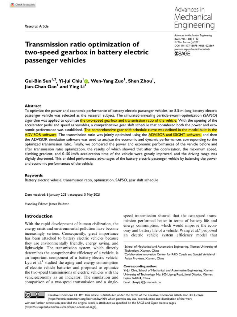 Sun Et Al 2021 Transmission Ratio Optimization of Two Speed Gearbox in ...