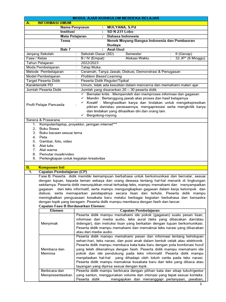 Modul Ajar Bahasa Indonesia Kelas 4 Bab 7 | PDF
