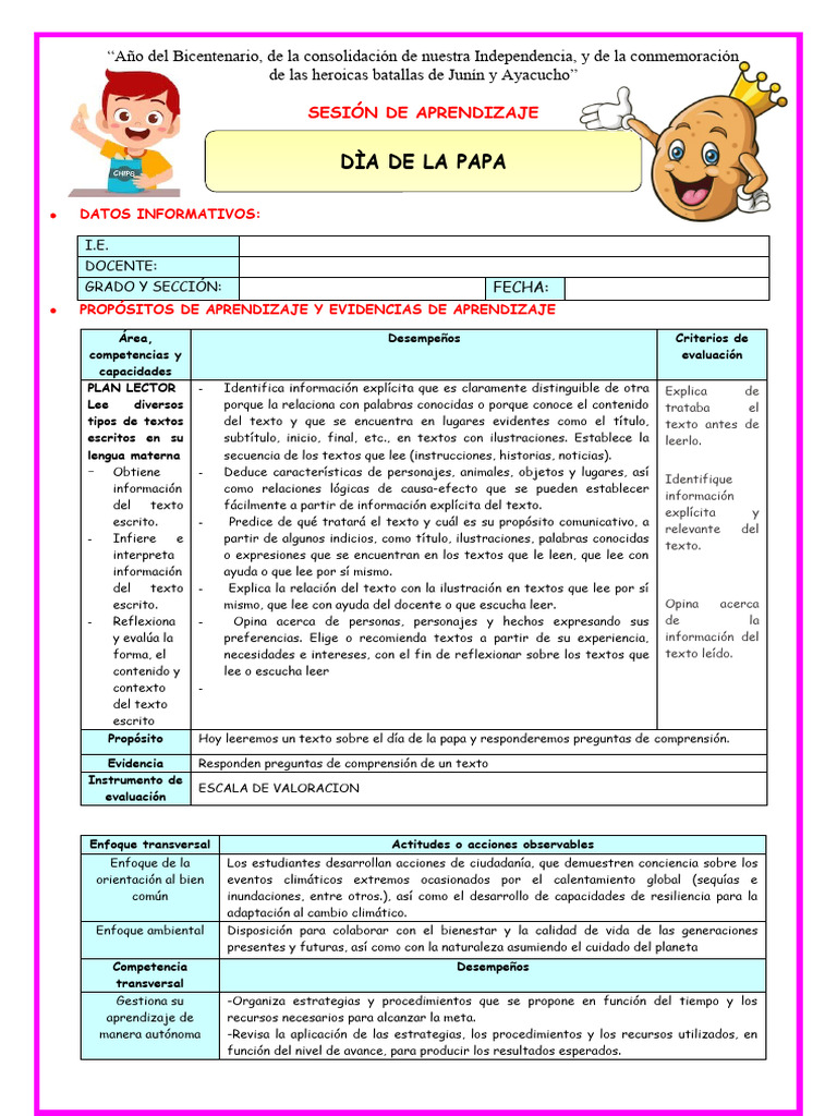 Sesión de Aprendizaje: Día de la Papa | PDF | Aprendizaje | Cognición