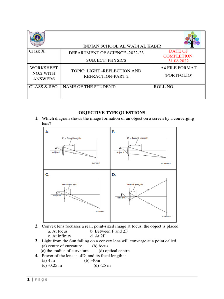 Light Reflection and Refraction Worksheet | PDF | Optics ...
