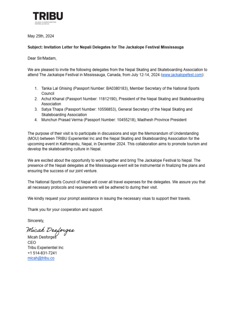 Invitation for Nepali Delegates to Jackalope Festival | PDF | Travel